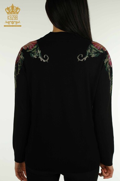 Wholesale Women's Knitwear Sweater Shoulder Flower Detailed Black - 30542 | KAZEE - Thumbnail