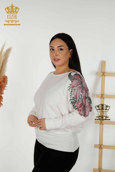 Wholesale Women's Knitwear Sweater Shoulder Floral Detail Ecru - 16133 | KAZEE - Thumbnail