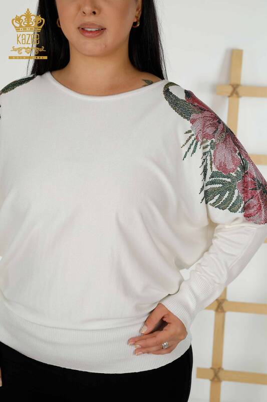 Wholesale Women's Knitwear Sweater Shoulder Floral Detail Ecru - 16133 | KAZEE