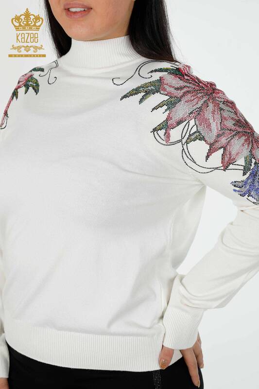 Wholesale Women's Knitwear Sweater Shoulder Floral Detail Ecru - 30007 | KAZEE