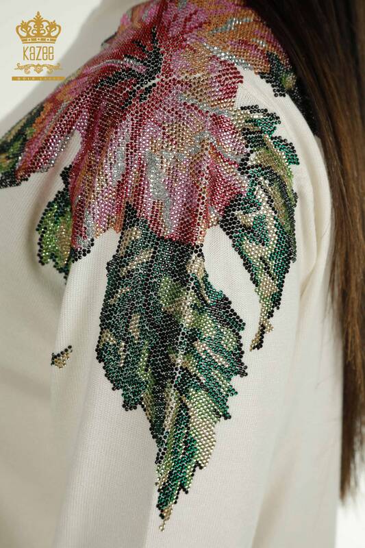 Wholesale Women's Knitwear Sweater Shoulder Flower Detailed Ecru - 30542 | KAZEE