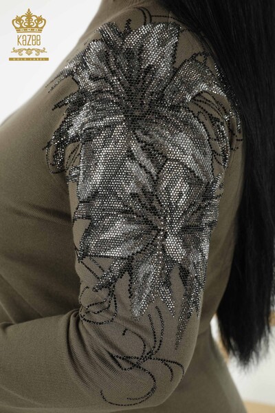 Wholesale Women's Knitwear Sweater - Shoulder Floral Detail - Khaki - 16597 | KAZEE - Thumbnail