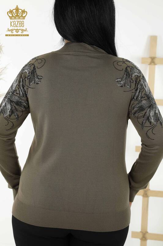 Wholesale Women's Knitwear Sweater - Shoulder Floral Detail - Khaki - 16597 | KAZEE