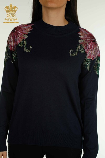 Kazee - Wholesale Women's Knitwear Sweater Shoulder Flower Detailed Navy Blue - 30542 | KAZEE (1)