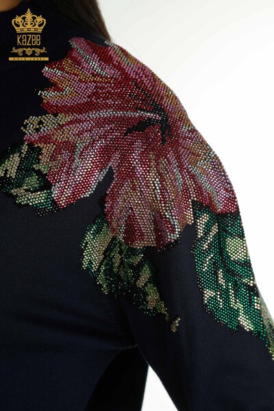 Wholesale Women's Knitwear Sweater Shoulder Flower Detailed Navy Blue - 30542 | KAZEE - Thumbnail