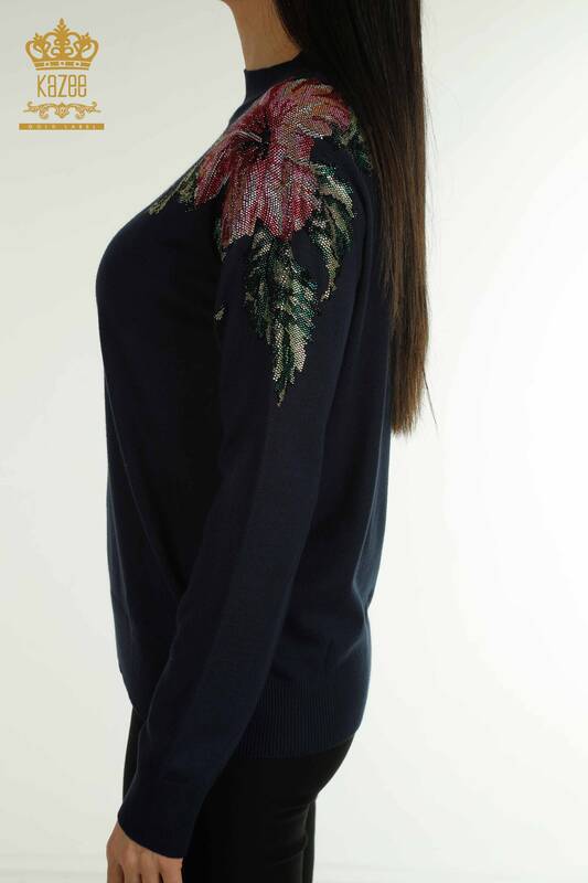 Wholesale Women's Knitwear Sweater Shoulder Flower Detailed Navy Blue - 30542 | KAZEE