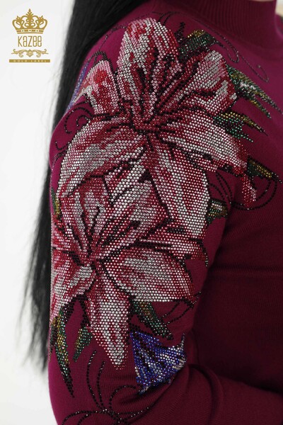 Wholesale Women's Knitwear Sweater - Shoulder Flower Detailed - Purple - 30007 | KAZEE - Thumbnail