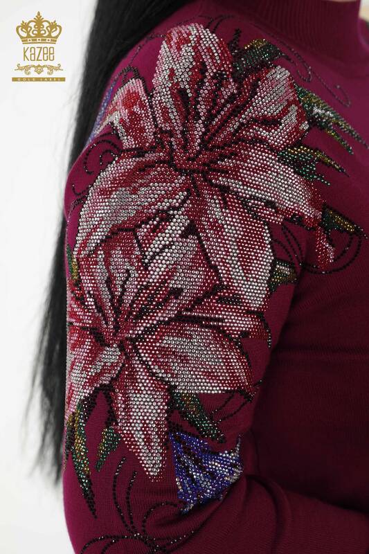 Wholesale Women's Knitwear Sweater - Shoulder Flower Detailed - Purple - 30007 | KAZEE