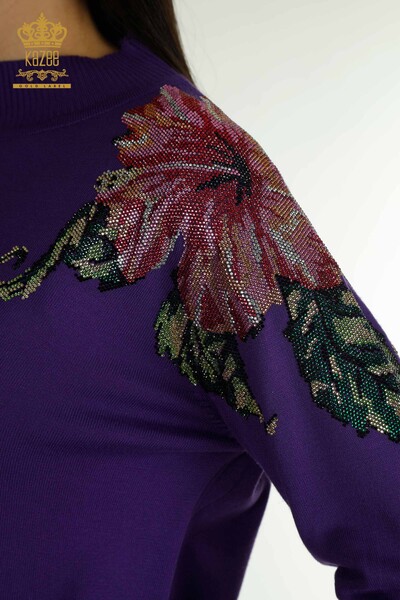 Wholesale Women's Knitwear Sweater Shoulder Flower Detailed Purple - 30542 | KAZEE - Thumbnail