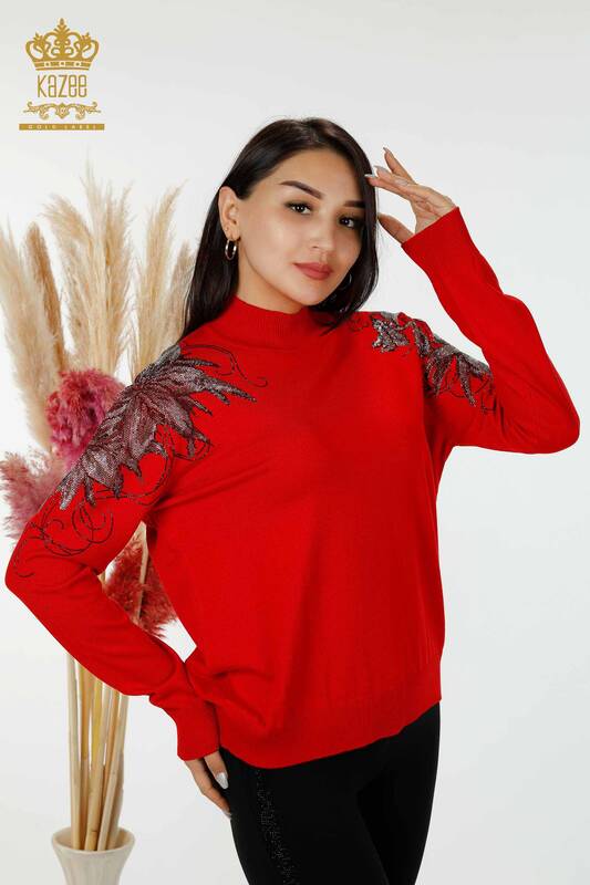 Wholesale Women's Knitwear Sweater Shoulder Flower Detailed Red - 16597 | KAZEE