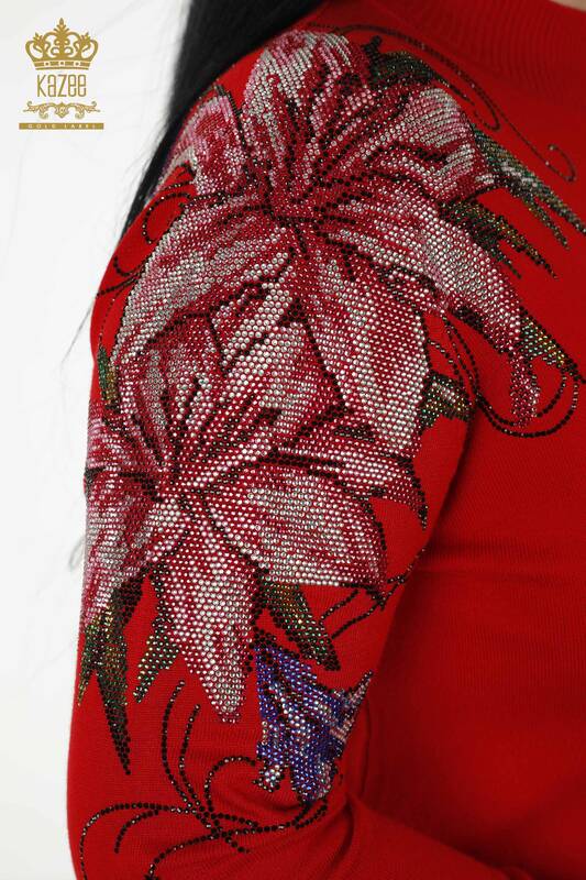 Wholesale Women's Knitwear Sweater - Shoulder Flower Detailed - Red - 30007 | KAZEE