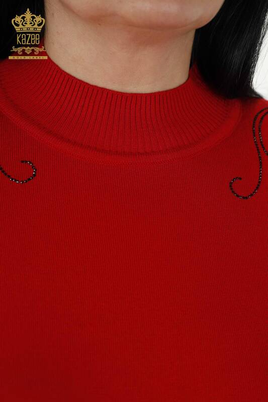 Wholesale Women's Knitwear Sweater - Shoulder Flower Detailed - Red - 30007 | KAZEE