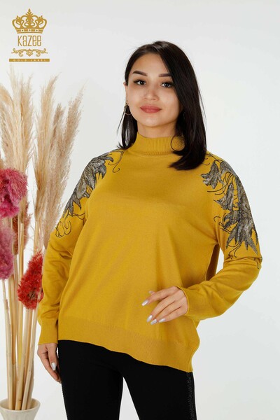 Wholesale Women's Knitwear Sweater Shoulder Floral Detailed Saffron - 16597 | KAZEE 