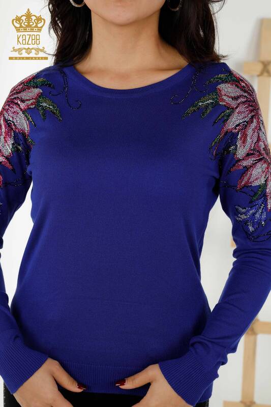 Wholesale Women's Knitwear Sweater Floral Embroidery on Shoulder Dark Blue - 30188 | KAZEE