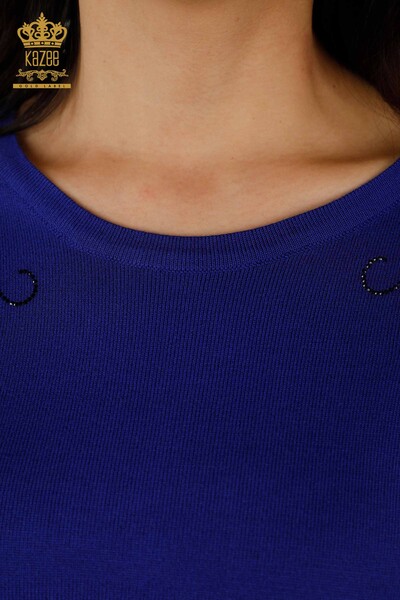 Wholesale Women's Knitwear Sweater Floral Embroidery on Shoulder Dark Blue - 30188 | KAZEE - Thumbnail
