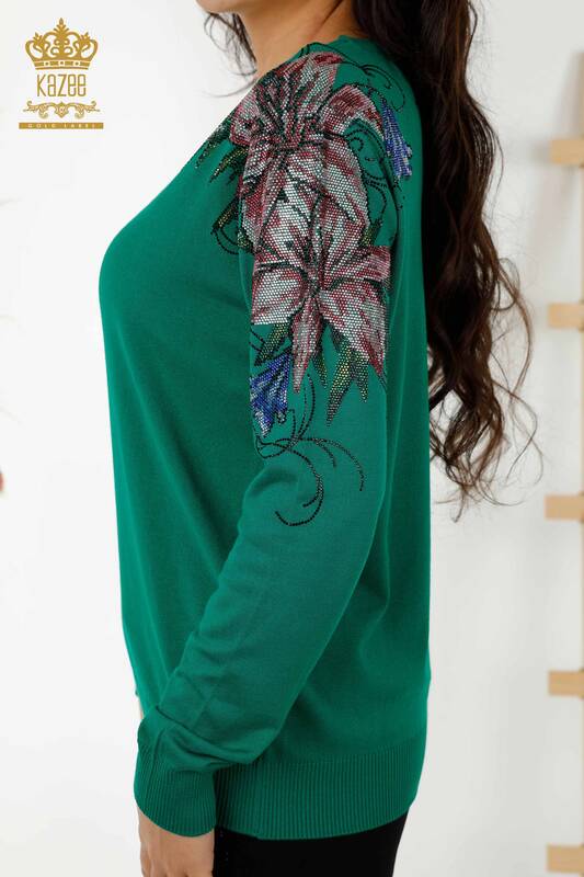 Wholesale Women's Knitwear Sweater Floral Embroidery on Shoulder Green - 30188 | KAZEE