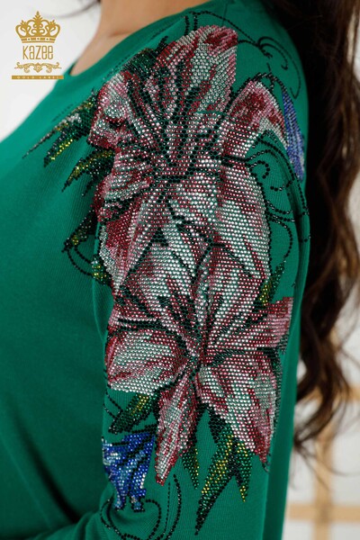 Wholesale Women's Knitwear Sweater Floral Embroidery on Shoulder Green - 30188 | KAZEE - 5