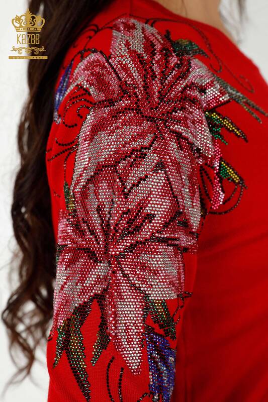 Wholesale Women's Knitwear Sweater Floral Embroidery on Shoulder Red - 30188 | KAZEE