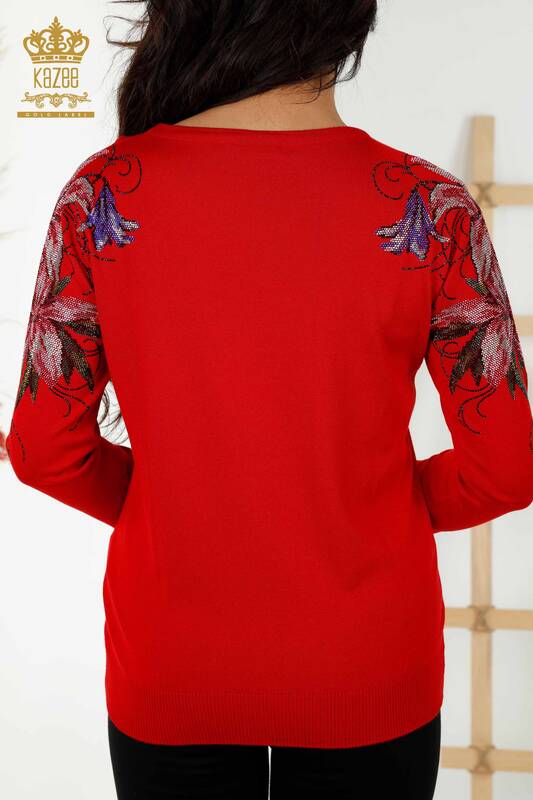 Wholesale Women's Knitwear Sweater Floral Embroidery on Shoulder Red - 30188 | KAZEE
