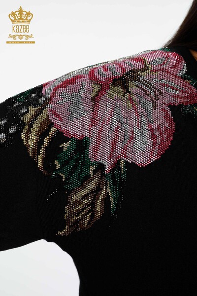 Wholesale Women's Knitwear Sweater Shoulder Flower Patterned Stone Embroidered - 16943 | KAZEE - Thumbnail