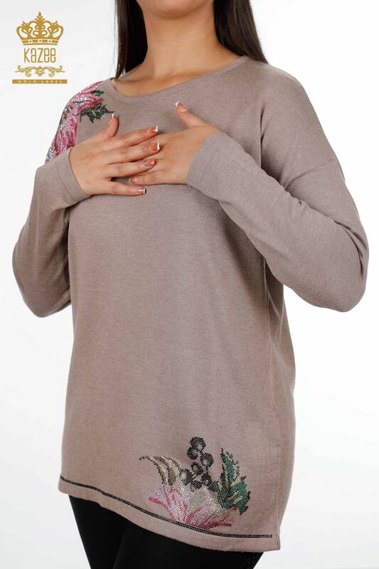 Wholesale Women's Knitwear Sweater Shoulder Flower Patterned Stone Embroidered - 16943 | KAZEE