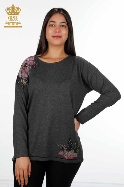 Wholesale Women's Knitwear Sweater Shoulder Flower Patterned Stone Embroidered - 16943 | KAZEE - Thumbnail