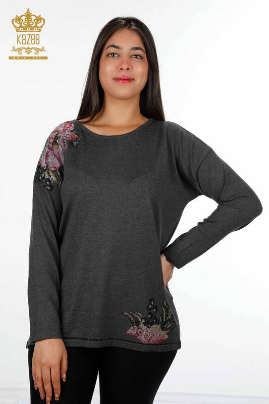 Wholesale Women's Knitwear Sweater Shoulder Flower Patterned Stone Embroidered - 16943 | KAZEE