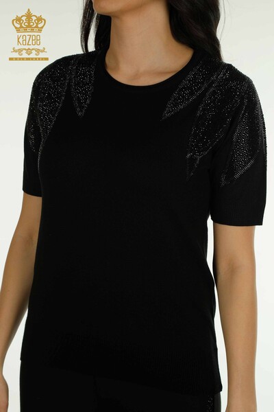 KAZEE - Wholesale Women's Knitwear Sweater Shoulder Stone Embroidered Black - 30792 | KAZEE (1)