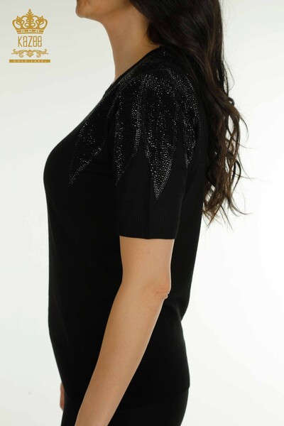 Wholesale Women's Knitwear Sweater Shoulder Stone Embroidered Black - 30792 | KAZEE - Thumbnail