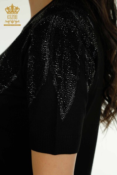 Wholesale Women's Knitwear Sweater Shoulder Stone Embroidered Black - 30792 | KAZEE - Thumbnail