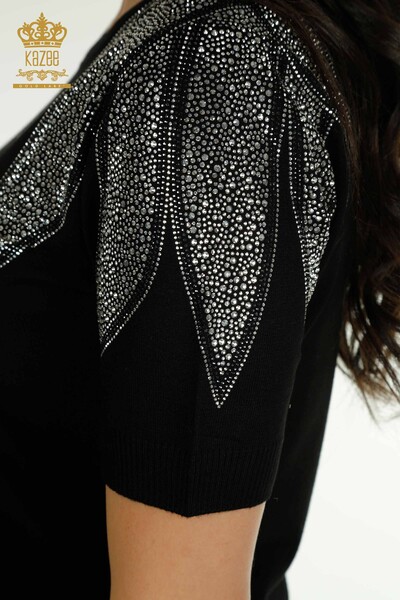 Wholesale Women's Knitwear Sweater Shoulder Stone Embroidered Black-White - 30792 | KAZEE - Thumbnail