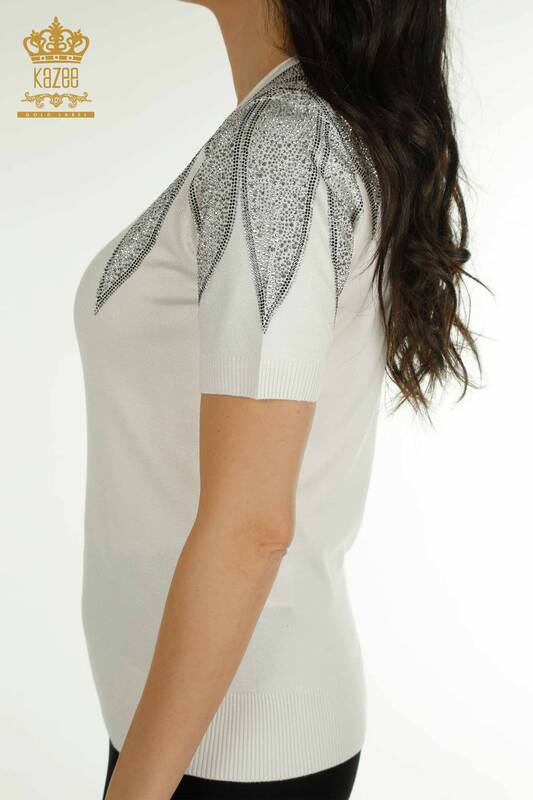Wholesale Women's Knitwear Sweater Shoulder Stone Embroidered Ecru - 30792 | KAZEE