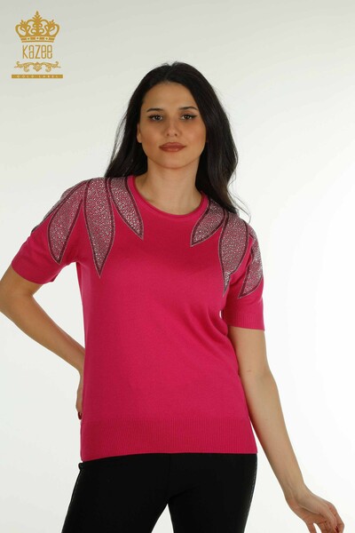 Kazee - Wholesale Women's Knitwear Sweater Shoulder Stone Embroidered Fuchsia - 30792 | KAZEE