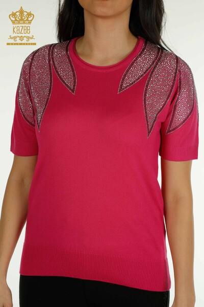 Kazee - Wholesale Women's Knitwear Sweater Shoulder Stone Embroidered Fuchsia - 30792 | KAZEE (1)