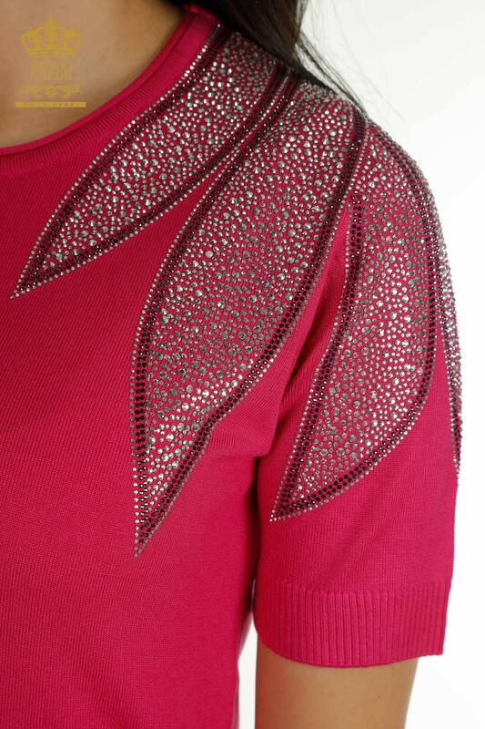 Wholesale Women's Knitwear Sweater Shoulder Stone Embroidered Fuchsia - 30792 | KAZEE