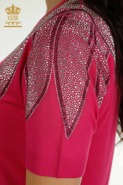 Wholesale Women's Knitwear Sweater Shoulder Stone Embroidered Fuchsia - 30792 | KAZEE - Thumbnail