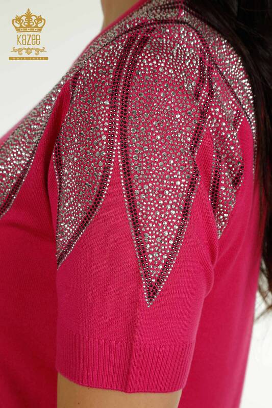 Wholesale Women's Knitwear Sweater Shoulder Stone Embroidered Fuchsia - 30792 | KAZEE