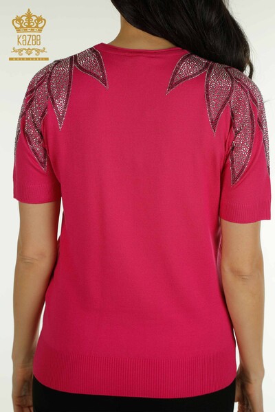 Wholesale Women's Knitwear Sweater Shoulder Stone Embroidered Fuchsia - 30792 | KAZEE - Thumbnail