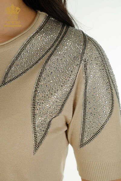 Wholesale Women's Knitwear Sweater Shoulder Stone Embroidered Light Beige - 30792 | KAZEE - Thumbnail (2)