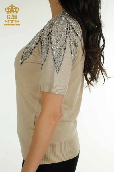 Wholesale Women's Knitwear Sweater Shoulder Stone Embroidered Light Beige - 30792 | KAZEE - Thumbnail