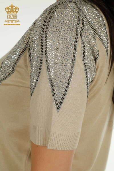 Wholesale Women's Knitwear Sweater Shoulder Stone Embroidered Light Beige - 30792 | KAZEE - Thumbnail