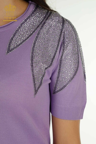 Wholesale Women's Knitwear Sweater Shoulder Stone Embroidered Lilac - 30792 | KAZEE - Thumbnail (2)