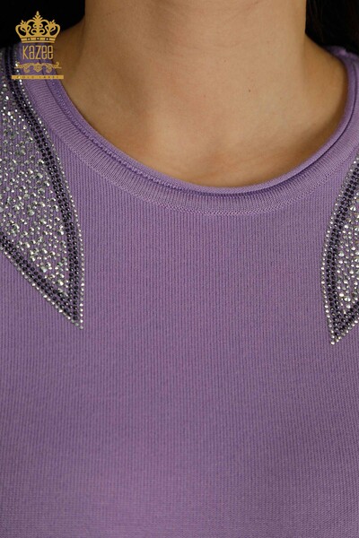 Wholesale Women's Knitwear Sweater Shoulder Stone Embroidered Lilac - 30792 | KAZEE - Thumbnail