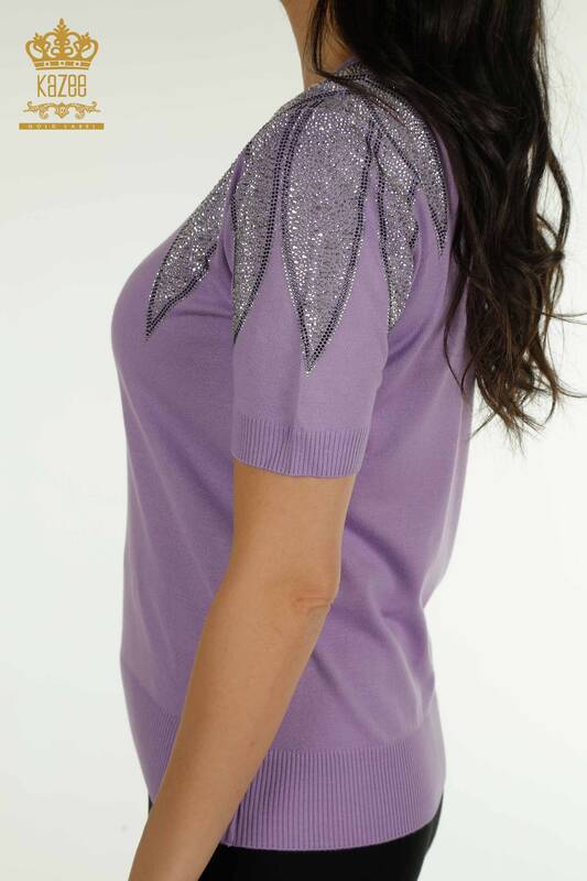 Wholesale Women's Knitwear Sweater Shoulder Stone Embroidered Lilac - 30792 | KAZEE