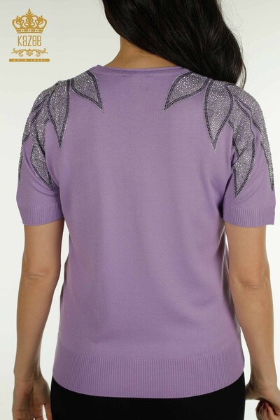 Wholesale Women's Knitwear Sweater Shoulder Stone Embroidered Lilac - 30792 | KAZEE - Thumbnail