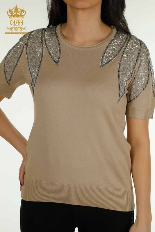 Wholesale Women's Knitwear Sweater Shoulder Stone Embroidered Mink - 30792 | KAZEE
