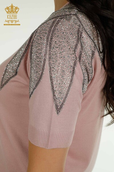 Wholesale Women's Knitwear Sweater Shoulder Stone Embroidered Powder - 30792 | KAZEE - Thumbnail