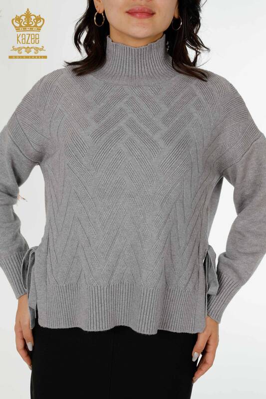 Wholesale Women's Knitwear Sweater Side Tie-tied Patterned Gray - 30000 | KAZEE