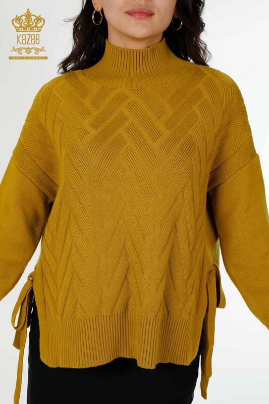 Wholesale Women's Knitwear Lace-Up Patterned Mustard - 30000 | KAZEE