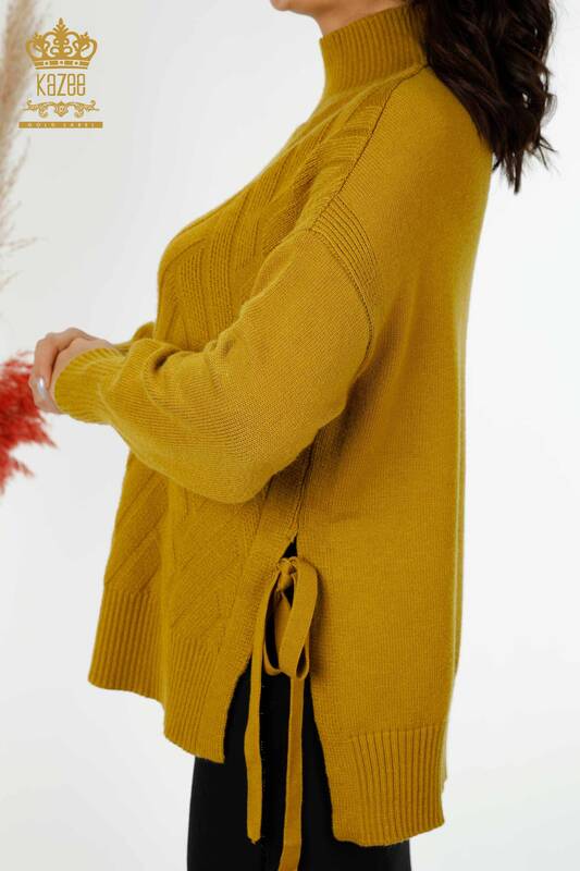 Wholesale Women's Knitwear Lace-Up Patterned Mustard - 30000 | KAZEE